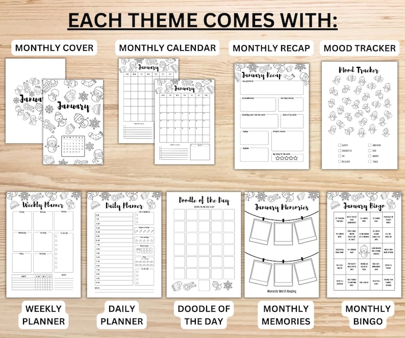 May include: A selection of black and white printable planner pages. The pages include a monthly cover, calendar, recap, mood tracker, weekly planner, daily planner, doodle of the day, monthly memories, and bingo. The theme is January.