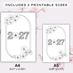 Op de afbeelding: Een zwart-wit printbaar ontwerp met het jaartal 2027 en een bloemrijk boogframe. De tekst bevat 2 printbare formaten: A4 van 21,0 cm bij 29,7 cm en A5 van 14,8 cm bij 21,0 cm voor een duidelijke en heldere weergave van het ontwerp.