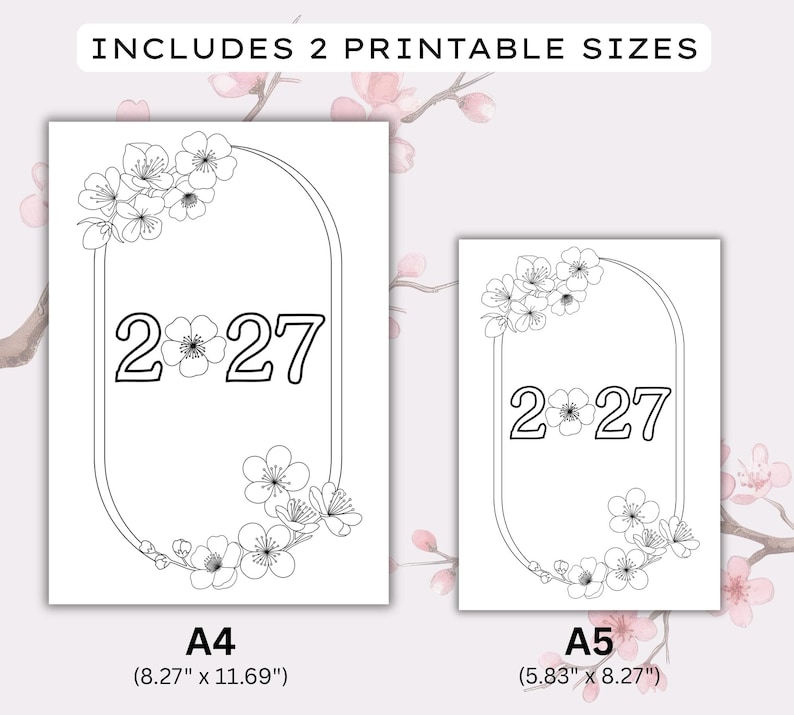 Op de afbeelding: Een zwart-wit printbaar ontwerp met het jaartal 2027 en een bloemrijk boogframe. De tekst bevat 2 printbare formaten: A4 van 21,0 cm bij 29,7 cm en A5 van 14,8 cm bij 21,0 cm voor een duidelijke en heldere weergave van het ontwerp.