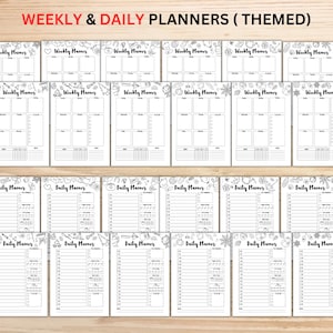 May include: A selection of black and white weekly and daily planners. The top row displays weekly planners with decorative borders. The bottom row shows daily planners with time slots. The text "WEEKLY & DAILY PLANNERS (THEMED)" is at the top.