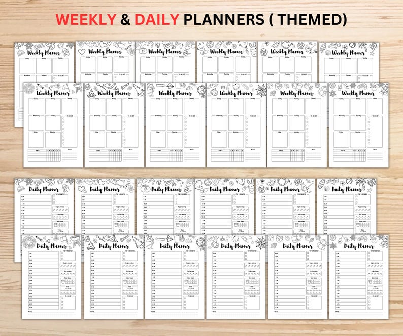 May include: A selection of black and white weekly and daily planners. The top row displays weekly planners with decorative borders. The bottom row shows daily planners with time slots. The text "WEEKLY & DAILY PLANNERS (THEMED)" is at the top.