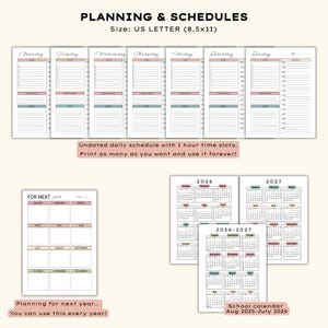 May include: A collection of printable planner pages, including daily, yearly, and calendar layouts. The daily pages are organized by day of the week, with hourly time slots. The calendars cover the years 2026 and 2027. The size is US Letter (8.5x11).