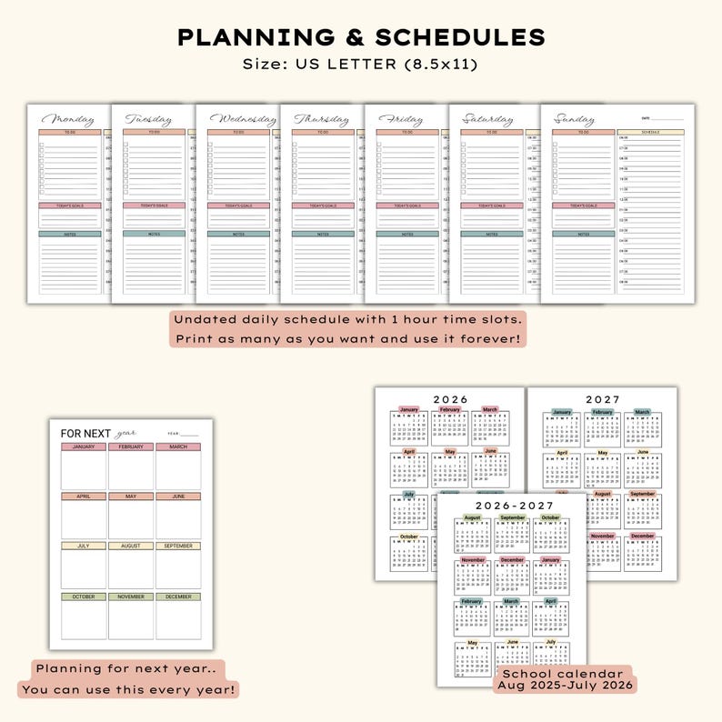 May include: A collection of printable planner pages, including daily, yearly, and calendar layouts. The daily pages are organized by day of the week, with hourly time slots. The calendars cover the years 2026 and 2027. The size is US Letter (8.5x11).
