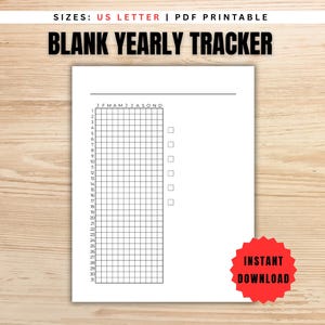 Könnte beinhalten: Ein weißes, als PDF druckbares, leeres Jahres-Tracker-Blatt im US-Letter-Format mit einem Raster für die Monate J bis D und die Tage 1 bis 31. Das Dokument enthält eine horizontale Linie oben und eine Spalte mit Kontrollkästchen rechts.