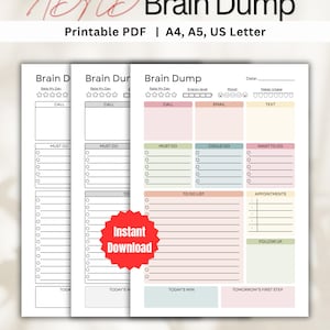 May include: A stack of printable ADHD Brain Dump planner pages. The pages are white with sections for daily tasks, mood tracking, and notes. The text includes "Must Do," "Could Do," and "Want to Do" lists. The image also includes the text "Print as many as you need."