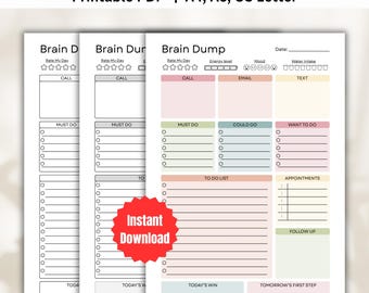Może przedstawiać: Zestaw drukowanych stron planera ADHD Brain Dump. Strony są białe z sekcjami na codzienne zadania, śledzenie nastroju i notatki. Tekst zawiera listy "Muszę zrobić", "Mogę zrobić" i "Chcę zrobić".