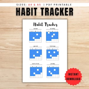 Pode incluir: Um rastreador de hábitos imprimível branco com o título "Habit Tracker" em letras pretas em negrito. O rastreador inclui seções para exercícios, alimentação saudável, pagamento de contas, caminhada de 10.000 passos, leitura e escrita de diário. As palavras "DOWNLOAD INSTANTÂNEO" estão em um adesivo vermelho.