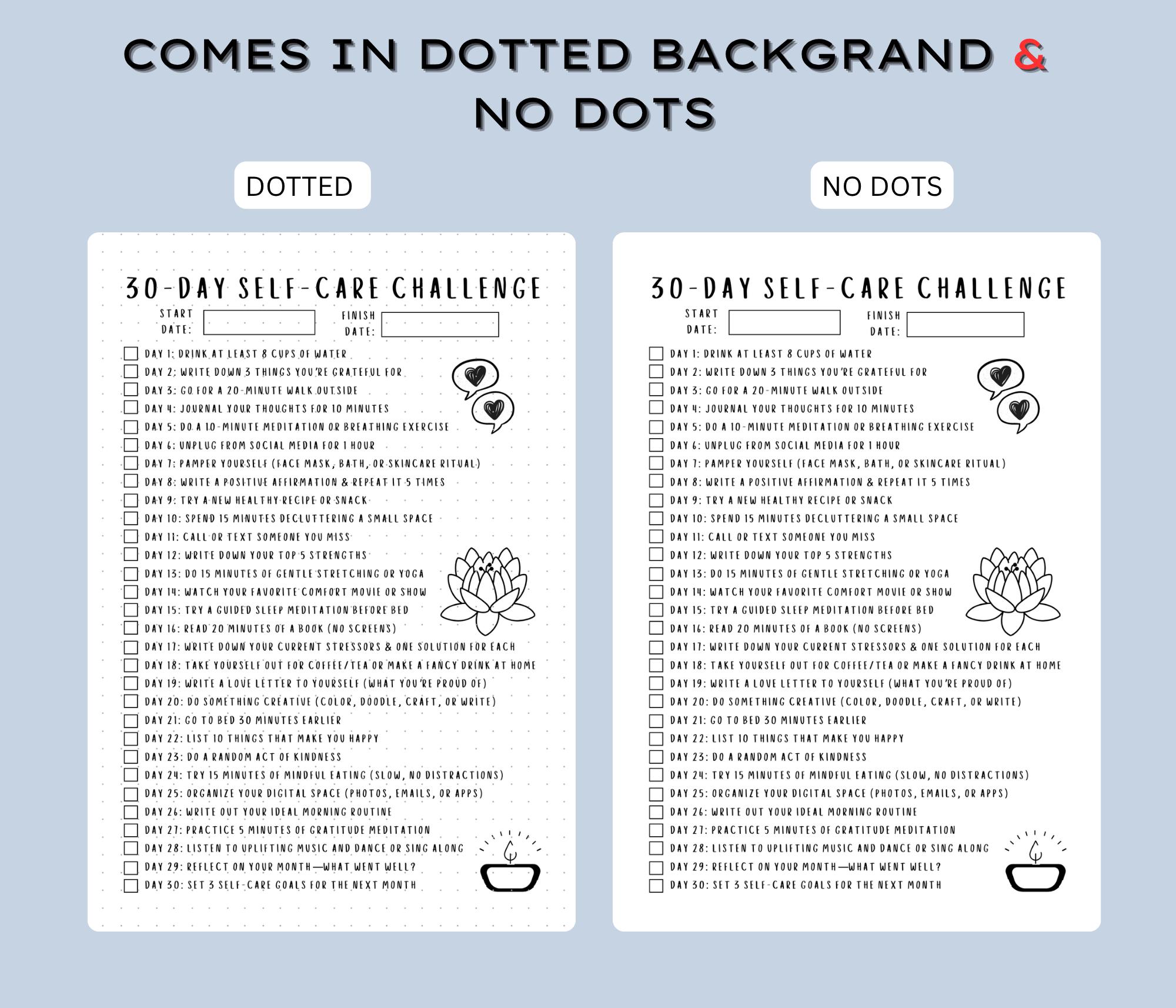 Self Care Challenge - PRINTABLE Journal Page - Planner Page - 30 Day ...