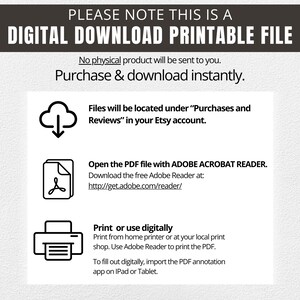 May include: A white background with black text and icons. The text reads "DIGITAL DOWNLOAD PRINTABLE FILE" and provides instructions for downloading and printing files from Etsy. Includes a cloud, document, and printer icon.