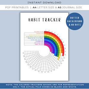 May include: A printable habit tracker with a rainbow-colored arc for daily tracking. The tracker includes prompts for exercise, water intake, meditation, skincare, journaling, healthy eating, and making the bed. Text at the top reads "HABIT TRACKER".
