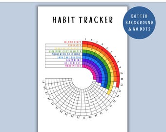 May include: A printable habit tracker sheet featuring the text HABIT TRACKER at the top. It includes a circular grid design with 31 numbered segments. The upper portion shows rainbow-colored rows labeled with daily tasks like 10,000 steps and journaling.