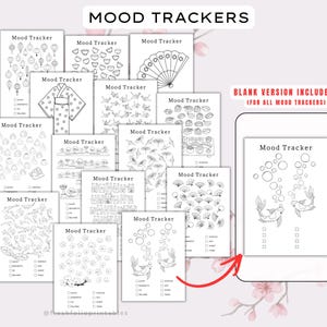 Op de afbeelding: Een verzameling printbare mood tracker-vellen met zwart-wit lijntekeningen van onder andere lantaarns, waaiers, sushi, koikarpers en bloemen. Elke pagina is gelabeld als Mood Tracker en bevat selectievakjes voor het bijhouden van emoties.