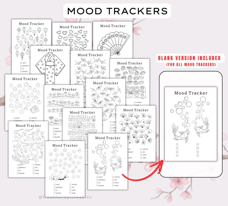 Op de afbeelding: Een verzameling printbare mood tracker-vellen met zwart-wit lijntekeningen van onder andere lantaarns, waaiers, sushi, koikarpers en bloemen. Elke pagina is gelabeld als Mood Tracker en bevat selectievakjes voor het bijhouden van emoties.