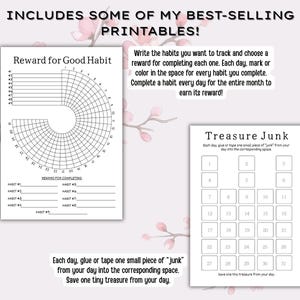 Op de afbeelding: Twee printbare bladen voor het bijhouden van gewoontes en herinneringen. Het linkerblad is getiteld Reward for Good Habit met een cirkelvormig raster voor 31 dagen. Het rechterblad is getiteld Treasure Junk met 31 genummerde vakjes.