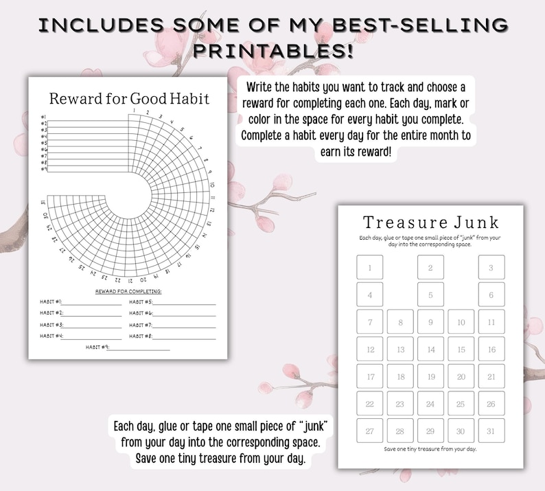 Op de afbeelding: Twee printbare bladen voor het bijhouden van gewoontes en herinneringen. Het linkerblad is getiteld Reward for Good Habit met een cirkelvormig raster voor 31 dagen. Het rechterblad is getiteld Treasure Junk met 31 genummerde vakjes.