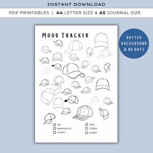 May include: A black and white mood tracker printable with baseball cap illustrations. The text "MOOD TRACKER" is at the top, with check boxes for emotions like "OK", "Energetic", "Happy", "Sad", "Tired", and "Angry". Includes the text "INSTANT DOWNLOAD".