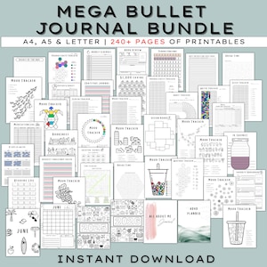 Puede incluir: Un conjunto de páginas de diario imprimibles con varios rastreadores, horarios y plantillas de planificación. Las páginas incluyen rastreadores de estado de ánimo, rastreadores de hábitos y herramientas de planificación financiera. El texto "MEGA BULLET JOURNAL BUNDLE" está en la parte superior.