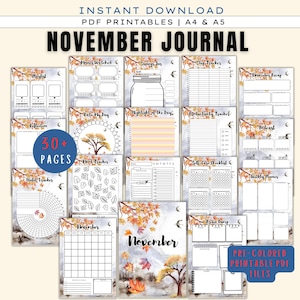 May include: A digital download of a November journal with 30+ pages. The journal includes pages for tracking movies watched, savings, steps, playlists, reflections, mood, habits, and more. The journal has a fall theme with leaves and watercolor illustrations.