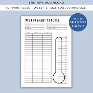 Könnte beinhalten: Schwarz-weiß druckbare Schulden-Zahlungs-Tracker-Vorlage mit Feldern für Gläubiger, Betrag und Fälligkeitsdatum. Enthält eine Thermometergrafik zur Fortschrittsverfolgung. Der Text oben lautet "SOFORT-DOWNLOAD" und "PDF-DRUCKBARE".
