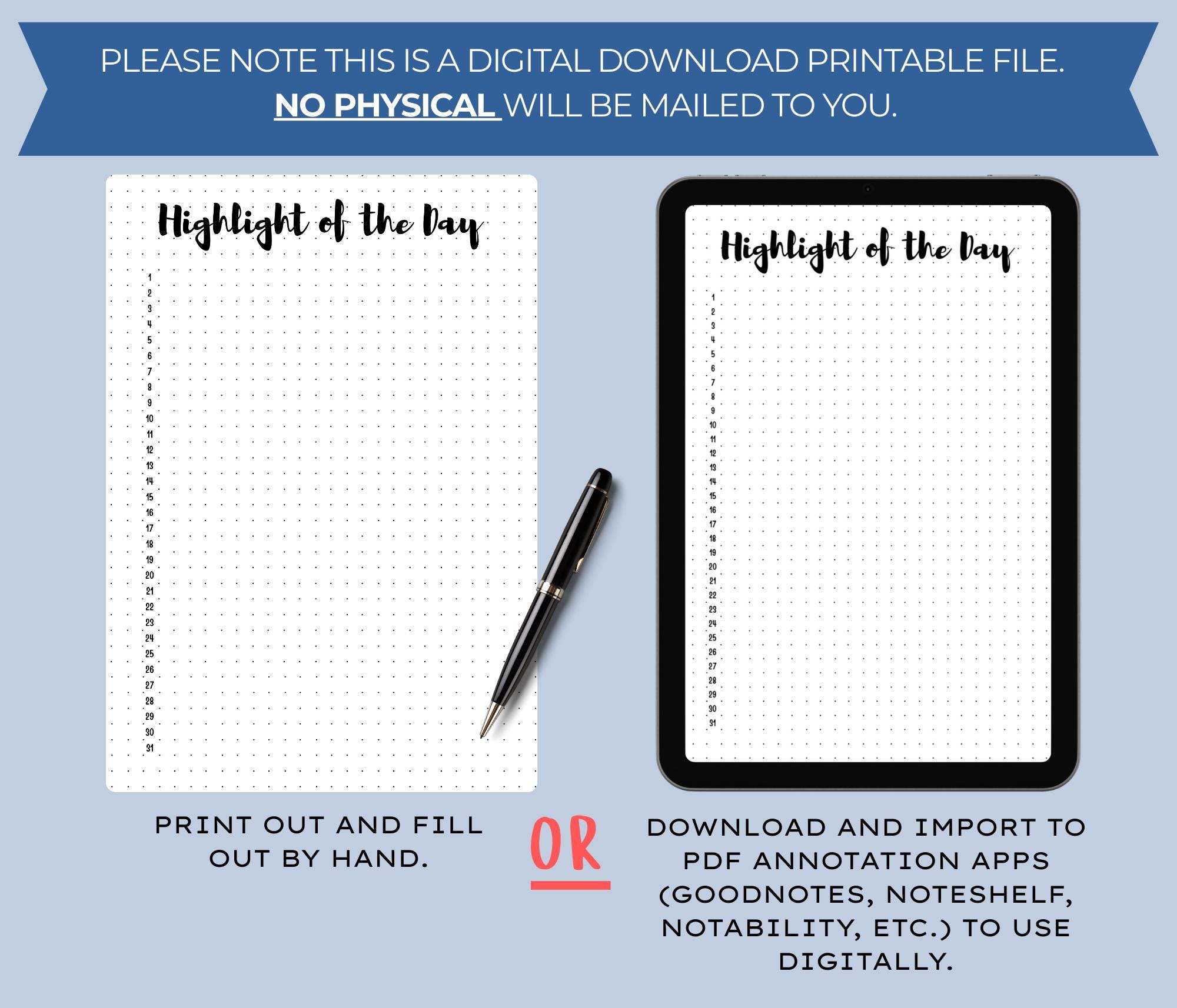 Highlight of the Day - PRINTABLE Journal Page - Memory Tracker, Bullet ...