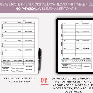 May include: A digital download printable file with a diet and health tracker. The tracker is available in two formats: a printed sheet and a digital tablet version. The text on the image says, "Print out and fill out by hand" or "Download and import to PDF annotation apps".