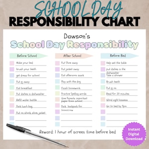 Editable School Day Checklist | Printable PDF| Kids Chore Chart | Kids Responsibility Chart | Before School, After School, Before Bed