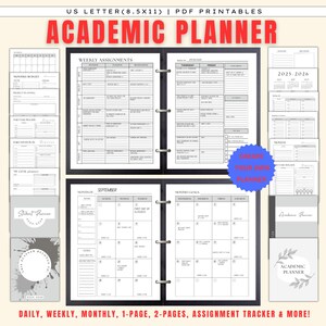 May include: Academic planner with weekly, monthly, and daily layouts. Includes assignment trackers and goal-setting pages. The planner is designed for US Letter (21.6 x 27.9 cm) PDF printables. The cover features the text "Academic Planner".