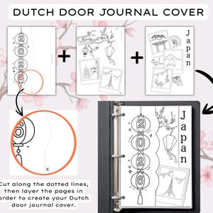 Op de afbeelding: Een printbare Dutch door journal cover set met zwart-witte lijntekeningen. De pagina's bevatten illustraties van lantaarns met het jaar 2026, kersenbloesems en Japanse bezienswaardigheden. Tekst bevat DUTCH DOOR JOURNAL COVER en Japan.