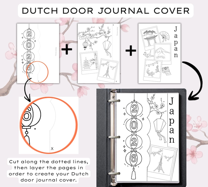 Op de afbeelding: Een printbare Dutch door journal cover set met zwart-witte lijntekeningen. De pagina's bevatten illustraties van lantaarns met het jaar 2026, kersenbloesems en Japanse bezienswaardigheden. Tekst bevat DUTCH DOOR JOURNAL COVER en Japan.