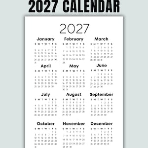 2027 Year at a Glance Calendar Printable, Full Year One Page, Minimalist Monday & Sunday Start, 2027 Calendar, 2027 Planner A4 A5 US Letter