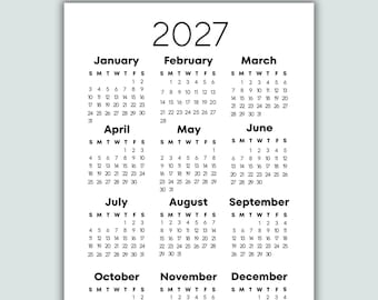 2027 Year at a Glance Calendar Printable, Full Year One Page, Minimalist Monday & Sunday Start, 2027 Calendar, 2027 Planner A4 A5 US Letter