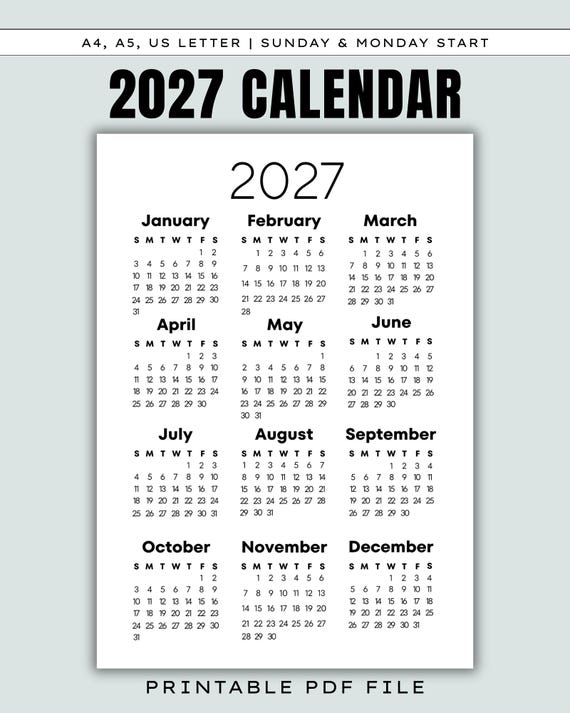 Analysis of 2027 Year at a Glance Calendar Printable, Full Year One Page, Minimalist  Monday & Sunday Start, 2027 Calendar, 2027 Planner A4 A5 US Letter - Etsy