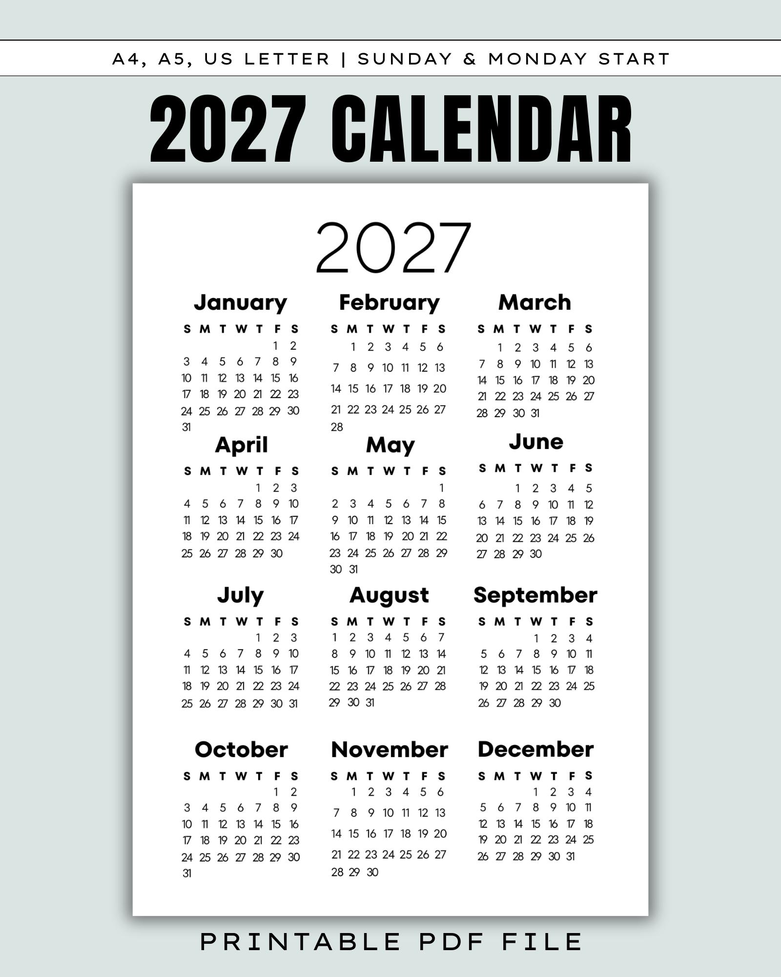 2027 Year at a Glance Calendar Printable, Full Year One Page, Minimalist  Monday & Sunday Start, 2027 Calendar, 2027 Planner A4 A5 US Letter - Etsy