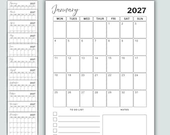2027 Monthly Calendar Printable, Vertical Planner (A4, A5, US Letter) (PDF)