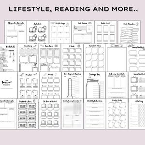 May include: A collection of black and white journal pages with various layouts for tracking habits, books, movies, and more. The text "LIFESTYLE, READING AND MORE.." is at the top.