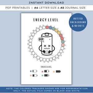 May include: A printable energy level tracker with a cartoon battery graphic. The design includes a circular scale with numbers and colored blocks, and the text "Energy Level". The image also includes the text "Instant Download".