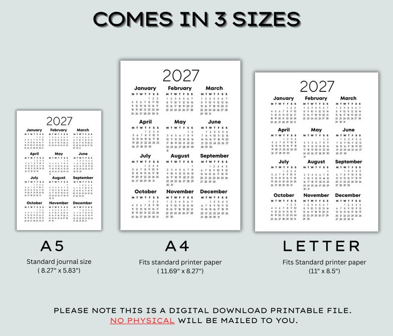 2027 Year at a Glance Calendar Printable, Full Year One Page