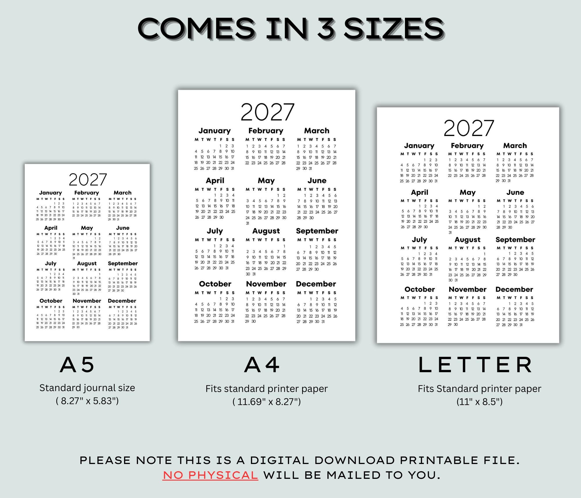 2027 Year at a Glance Calendar Printable, Full Year One Page