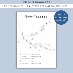 Puede incluir: Una página de diario rastreador de estado de ánimo imprimible con un diseño floral. La página incluye un título, una lista de opciones de estado de ánimo y el texto "DESCARGA INSTANTÁNEA" y "PDF IMPRIMIBLES | TAMAÑO A4 Y TAMAÑO A5". El fondo es punteado.