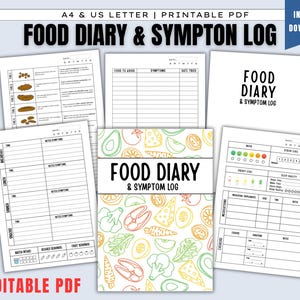 May include: A collection of printable PDF pages for a food diary and symptom log. The pages include sections for tracking food intake, symptoms, mood, energy levels, and sleep quality. The cover features a colorful illustration of fruits and vegetables.
