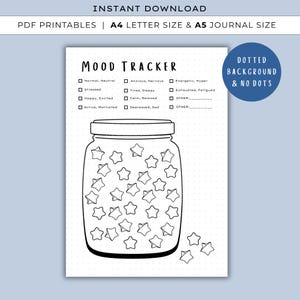 May include: A black and white printable mood tracker featuring a jar filled with star shapes. The text "MOOD TRACKER" is at the top, with checkboxes for various moods. The text "INSTANT DOWNLOAD" and "PDF PRINTABLES" are also visible.
