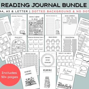 Diario de lectura: páginas imprimibles para agenda de viñetas, diario de reseñas de libros, agenda digital, tamaño carta A5/A4, registro de lectura, con puntos y sin puntos.