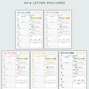 May include: A set of five daily food journals with different color schemes. Each journal includes sections for meals, water intake, mood, and exercise. The text "5 COLOR SCHEMES" and "A4 & LETTER INCLUDED" are at the top.