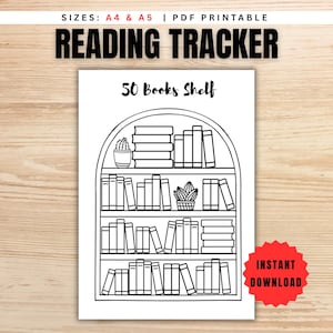 Puede incluir: Seguimiento de lectura imprimible en blanco y negro con el texto "READING TRACKER" y "50 Books Shelf". El diseño presenta una ilustración de estantería con libros y plantas. Incluye el texto "INSTANT DOWNLOAD".