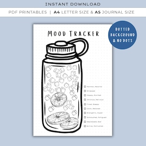 Könnte beinhalten: Schwarz-weiß-Stimmungs-Tracker-Druckvorlage mit einer Wasserflaschen-Illustration. Die Flasche enthält Eiswürfel und Zitronenscheiben. Der Text enthält "Mood Tracker" und eine Liste von Stimmungen.