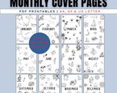 12 monthly Planner Cover Pages - Bullet Journal Printable, Bujo Pre-made, Title pages coloring A5 Journal insert template, A4, A5, US LETTER