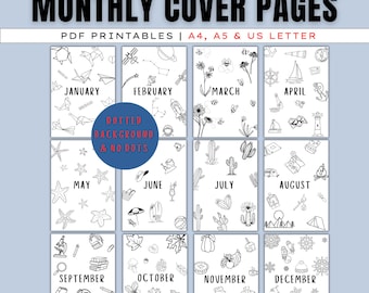 12 maandelijkse plannervoorbladen - afdrukbaar Bullet Journal, Bujo kant-en-klaar, titelpagina's kleuren A5 sjabloon voor dagboekinvoeging, A4, A5, US LETTER