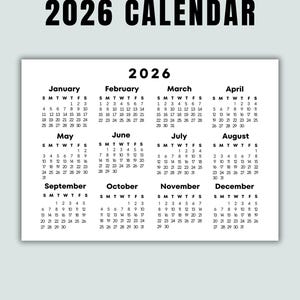 2026 Calendar Printable- Single page, Full year calendar, Year at a Glance, Desk calendar, Monday and Sunday Start, A4 A5 US LETTER, PDF