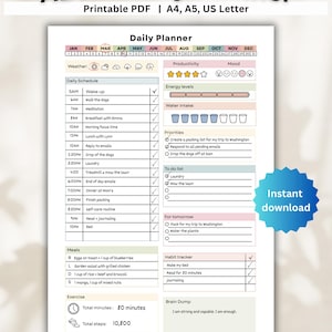May include: ADHD Daily Planner printable PDF in A4, A5, and US Letter sizes. The white planner includes sections for daily schedule, priorities, to-do list, meals, exercise, and a habit tracker. It features a weather section, productivity and mood trackers, and a brain dump area.