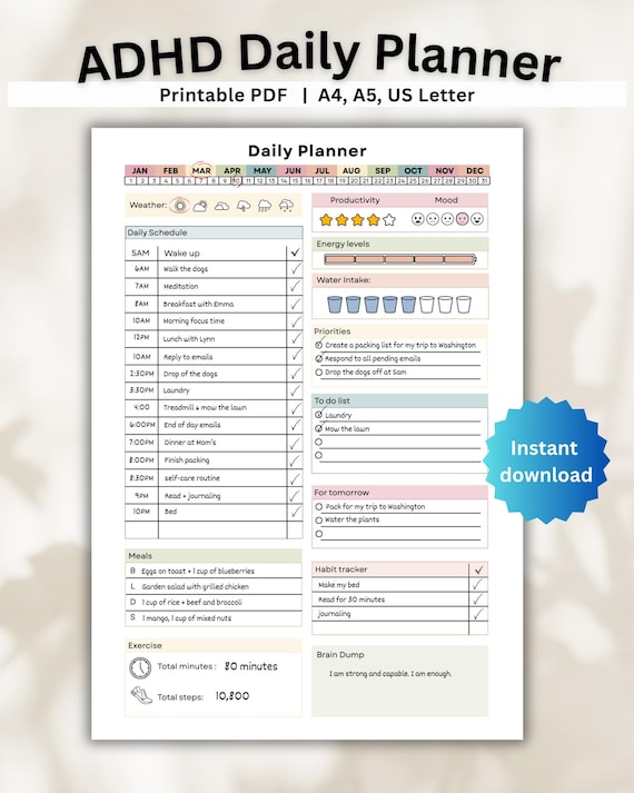 ADHD Daily Planner Printable, Undated ADHD Planner PDF, Brain Dump, Task List, Habit Tracker, Productivity, Adhd Digital planner, To do list